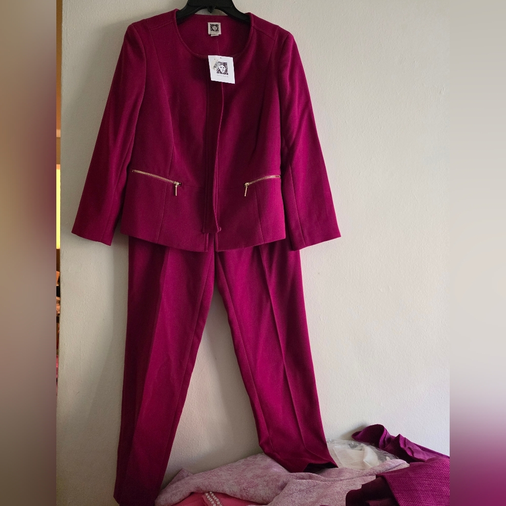 Anne Klein Ponte Set Suit Jacket + Pants Fuschia Sz 4 Nwt
